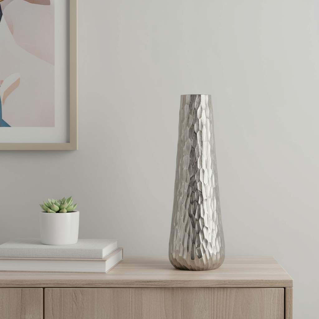 565438 19 in. Silver Cast Aluminum Carved Geometric Table Vase