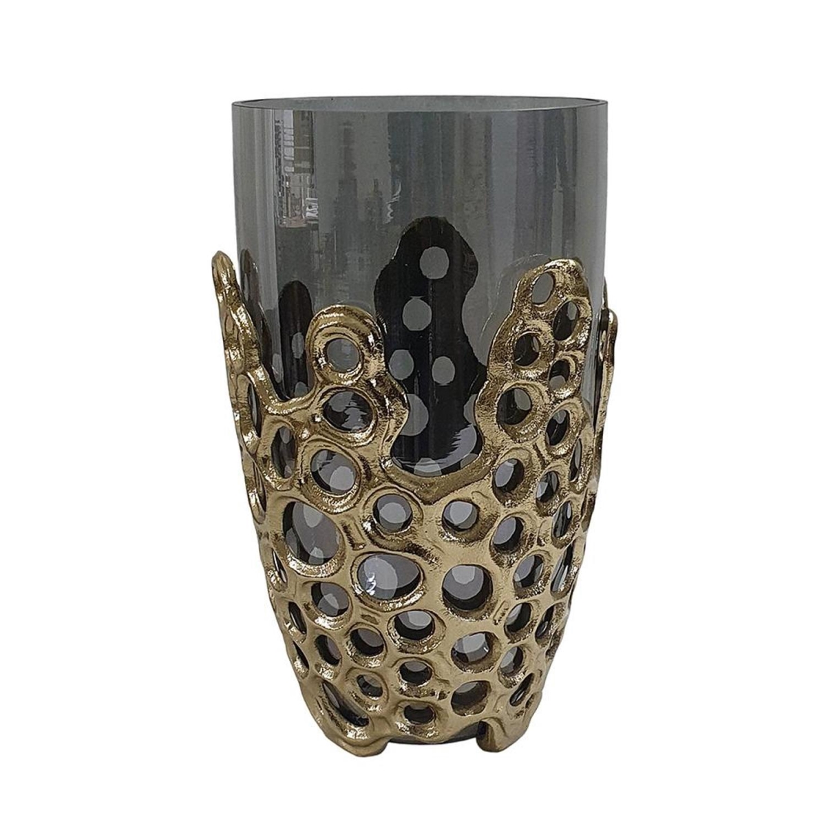 574251 11 in. Gray & Gold Round Glass Table Vase