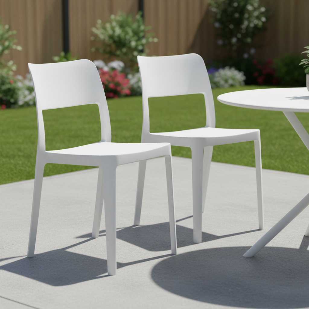 565226 White Heavy Duty Plastic Outdoor Stacking Accent Chairs, Set of 2