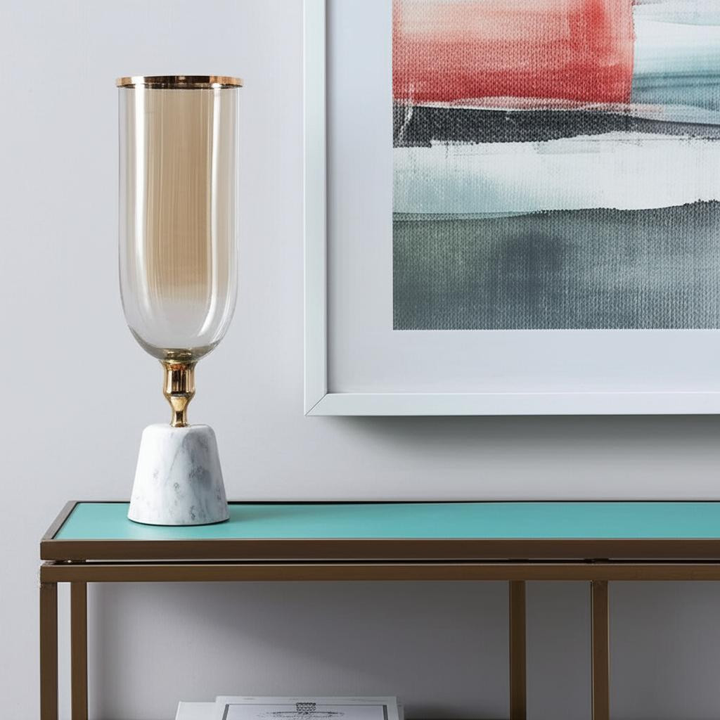 565436 19 in. Gold & White Glass & Marble Table Vase