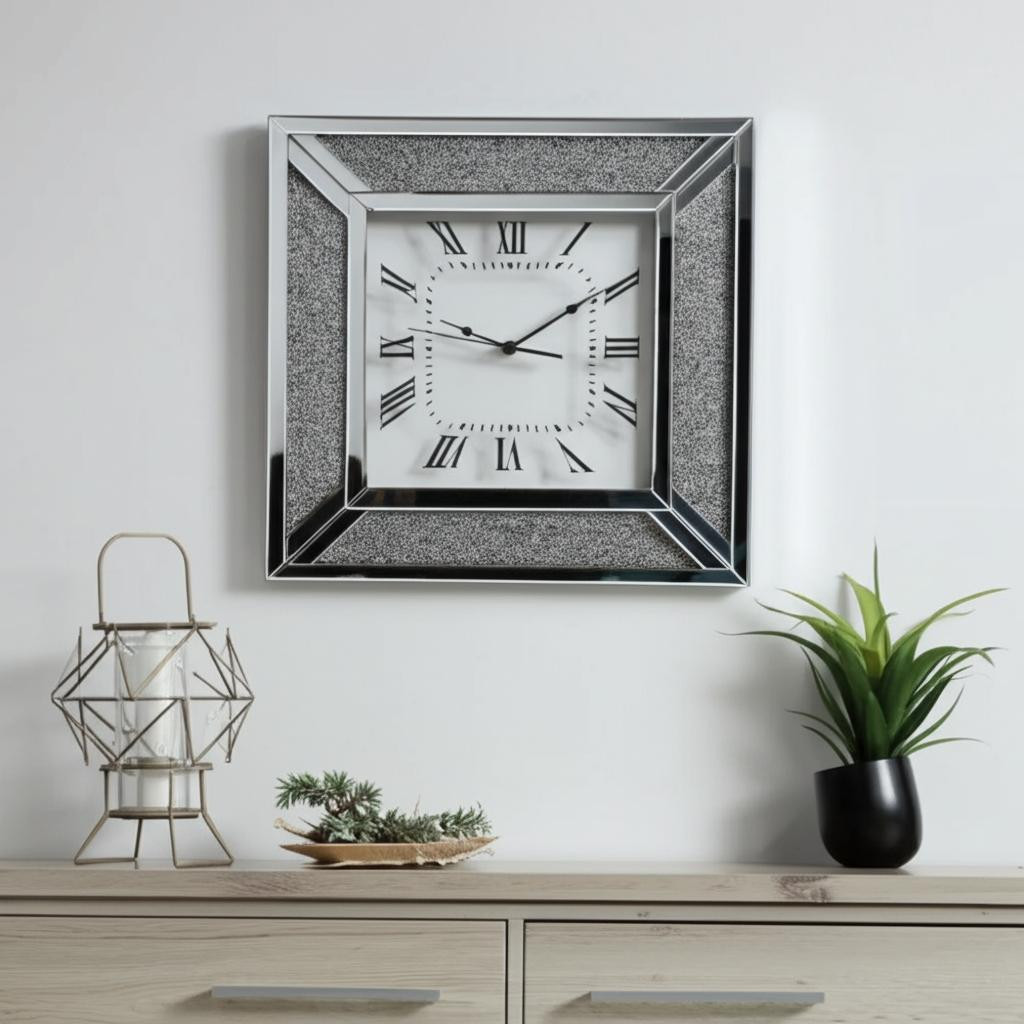 570157 24 in. Silver Glass Silent Analog Square Wall Clock