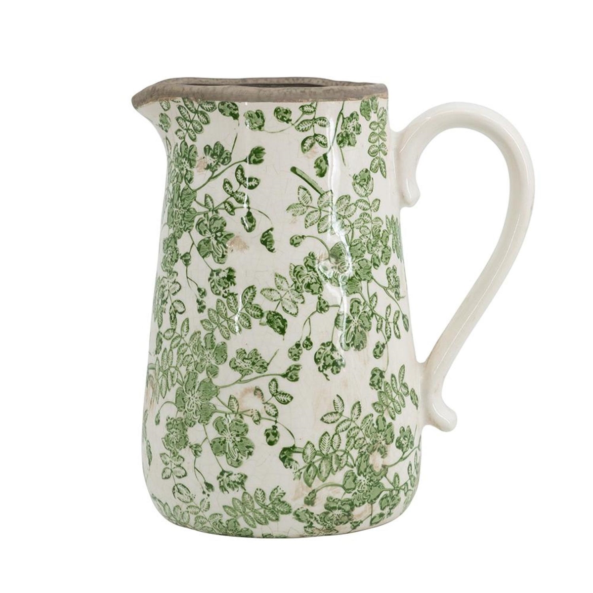 574226 9 in. Green & White Leaf Round Ceramic Jug Vase