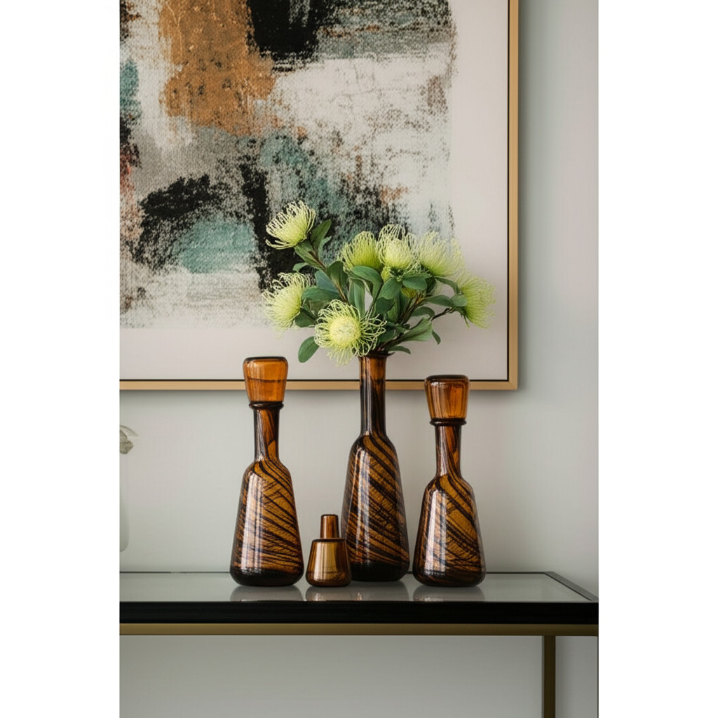 574229 Brown Round Glass Decorative Bottles - Set of 4