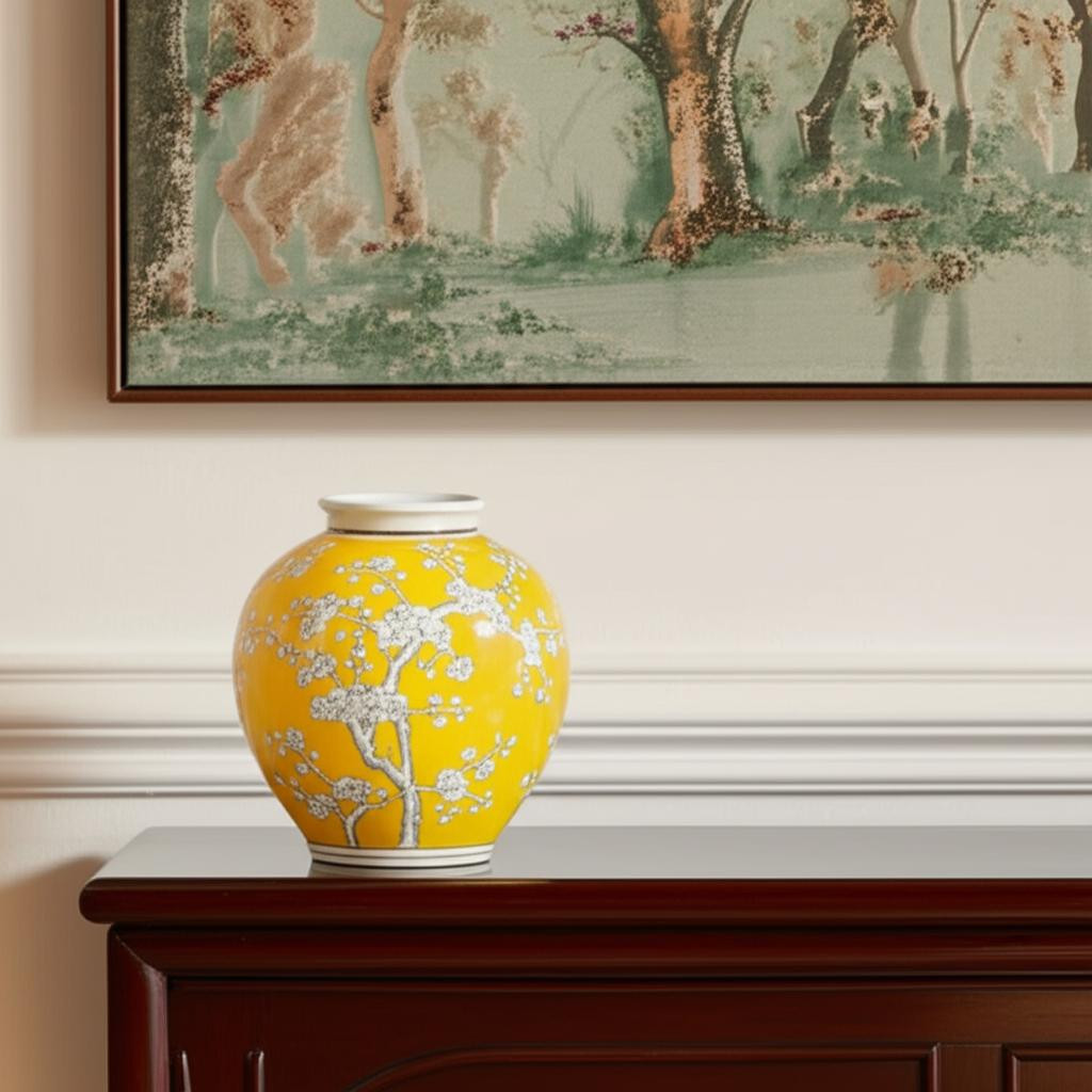 574266 9 in. Yellow & White Floral Round Porcelain Table Vase