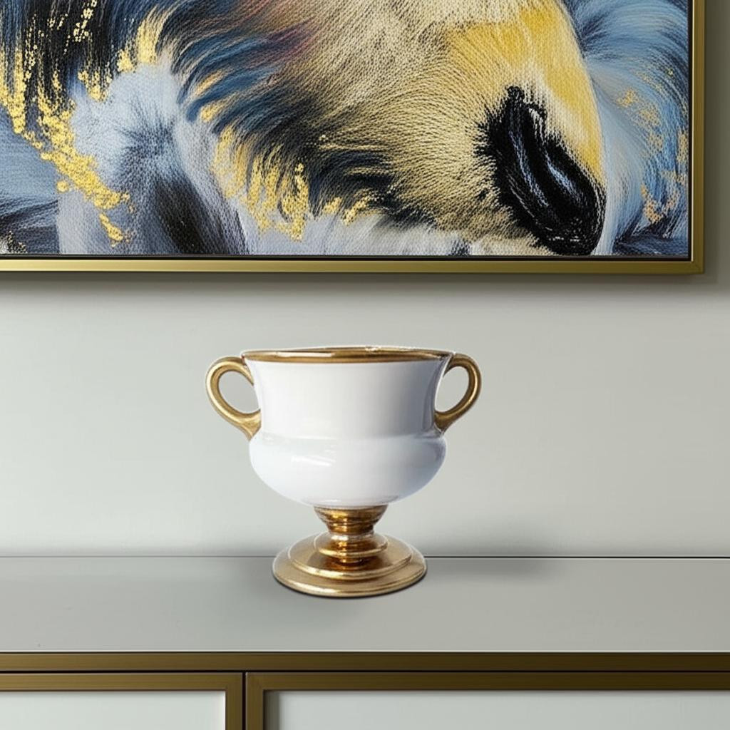 574379 7 in. White & Gold Amphora Ceramic Urn