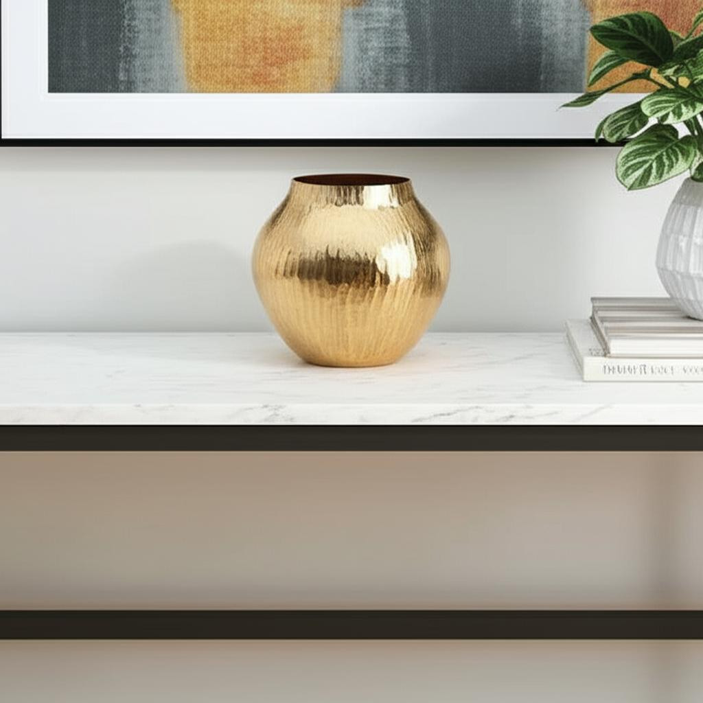 574340 9 in. Gold Round Aluminum Table Vase