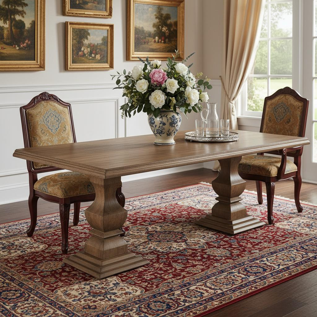 565238 96 in. Solid Wood Double Pedestal Base Dining Table, Brown