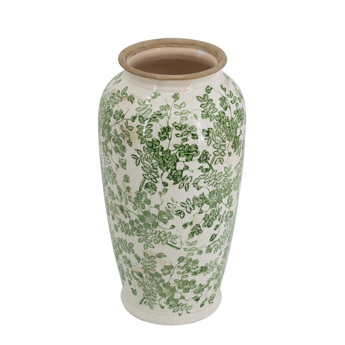 574224 15 in. Green & White Leaf Trumpet Ceramic Table Vase