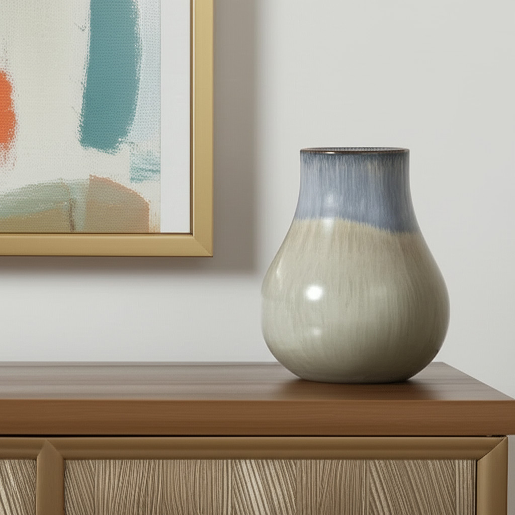 574265 10 in. Blue Green Sand & Gray Ombre Round Ceramic Table Vase