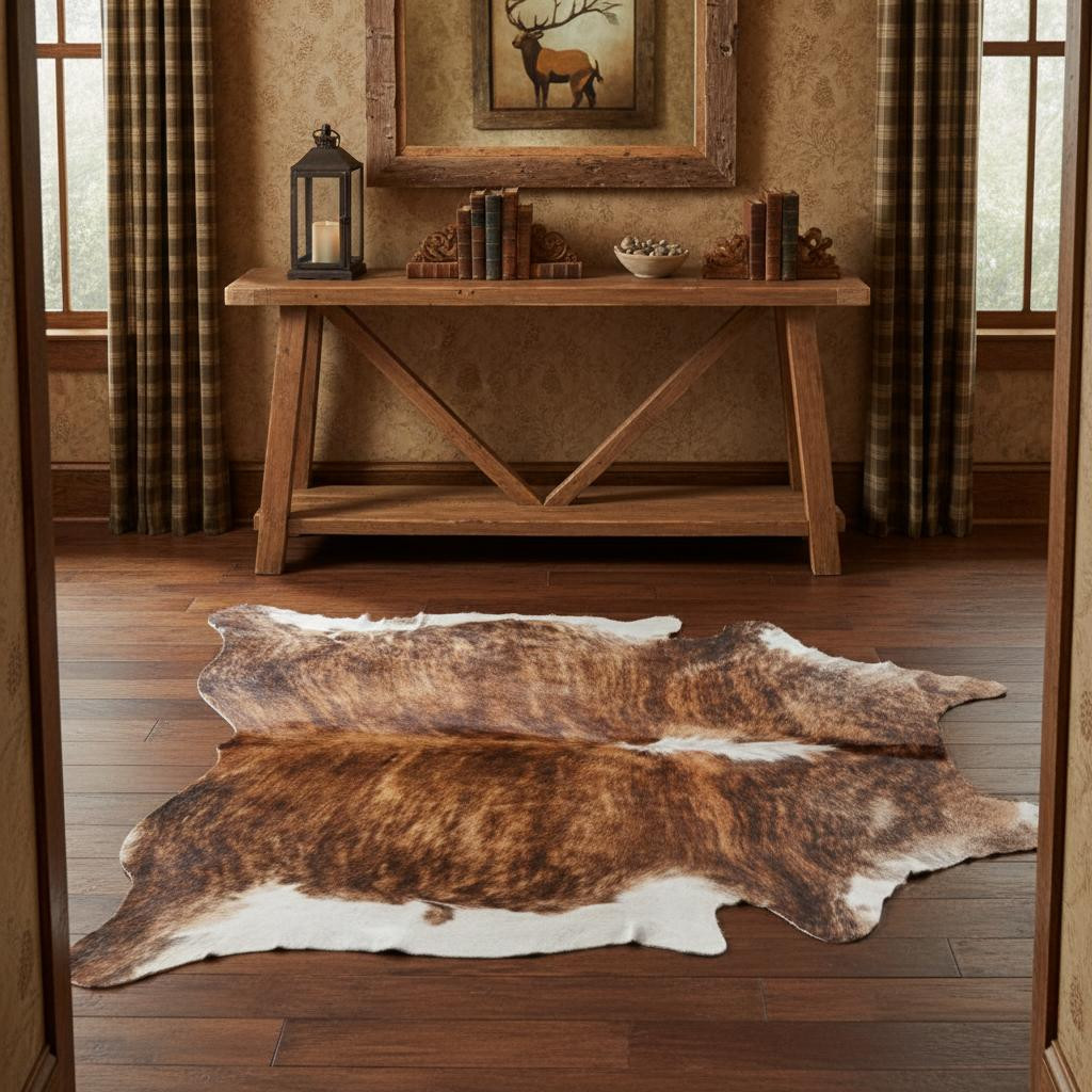 567902 Brown Cowhide Animal Print Power Loom Machine Made Rectangle Area Rug - 4 x 5 ft.