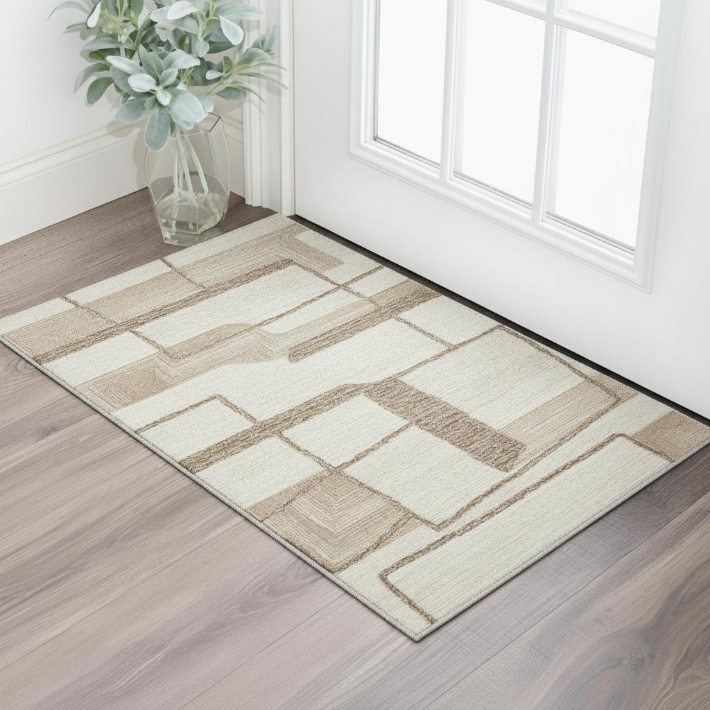 567632 2 x 3 ft. Wool Geometric Hand Tufted Rectangle Area Rug - Brown Tan & Ivory