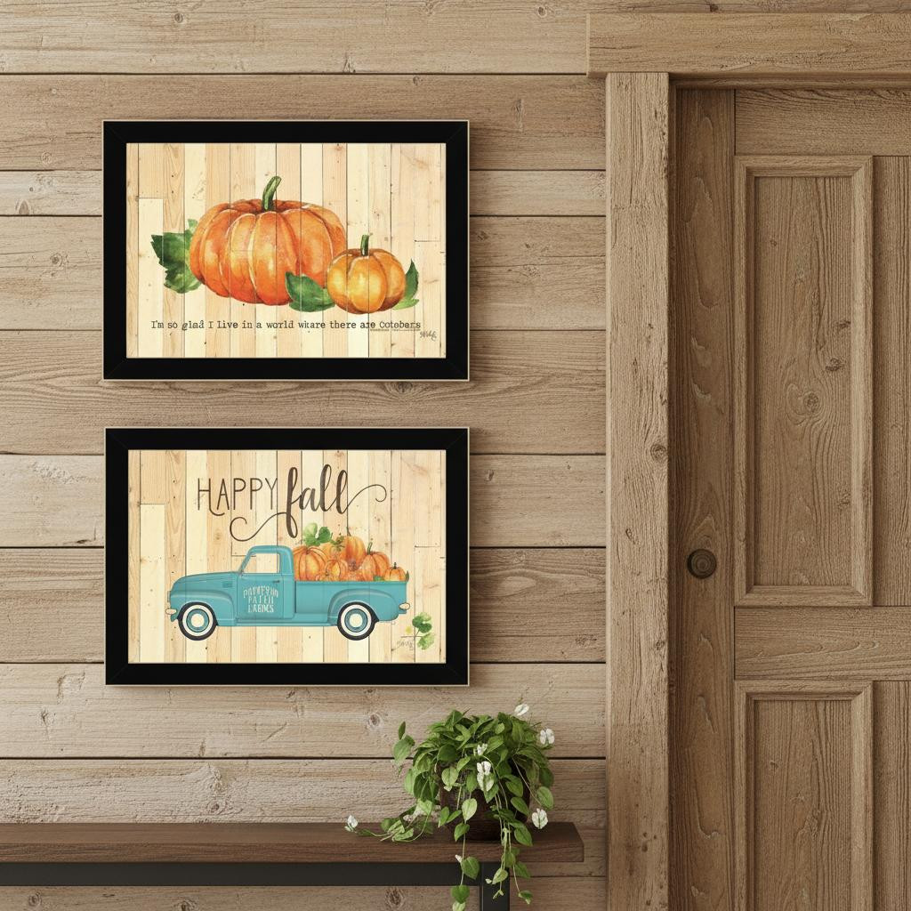 568706 Happy Fall-October Pumpkins Distressed Black Framed Wall Art - Set of 2