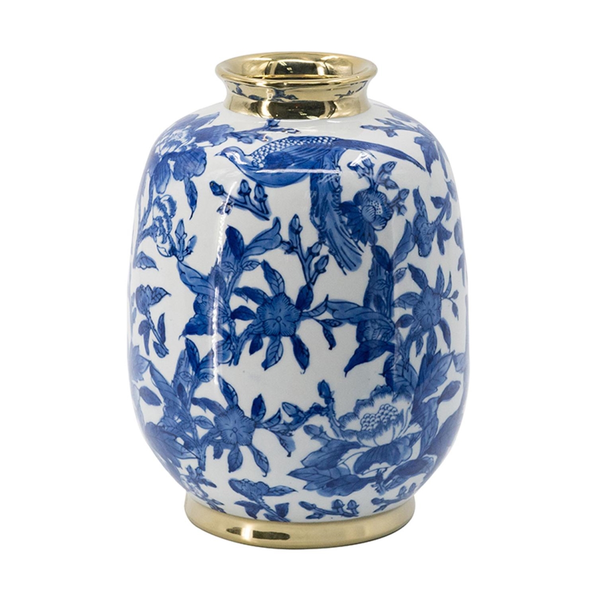 574254 11 in. Blue & White Floral Round Porcelain Table Vase
