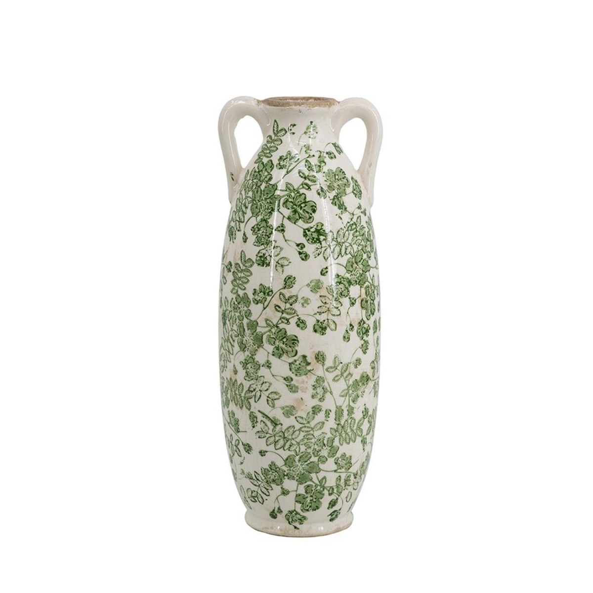 574227 14 in. Green & White Leaf Amphora Ceramic Table Vase