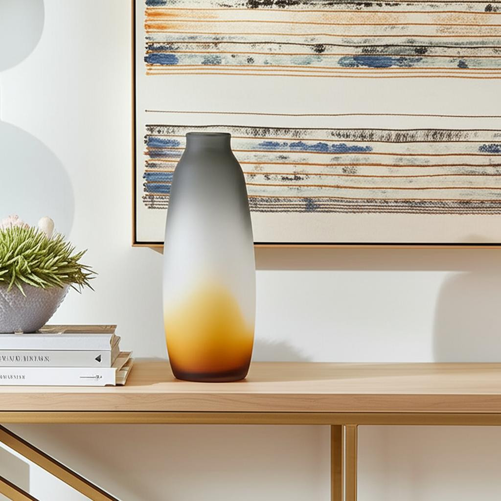 574232 17 in. Charcoal & Orange Ombre Round Glass Table Vase