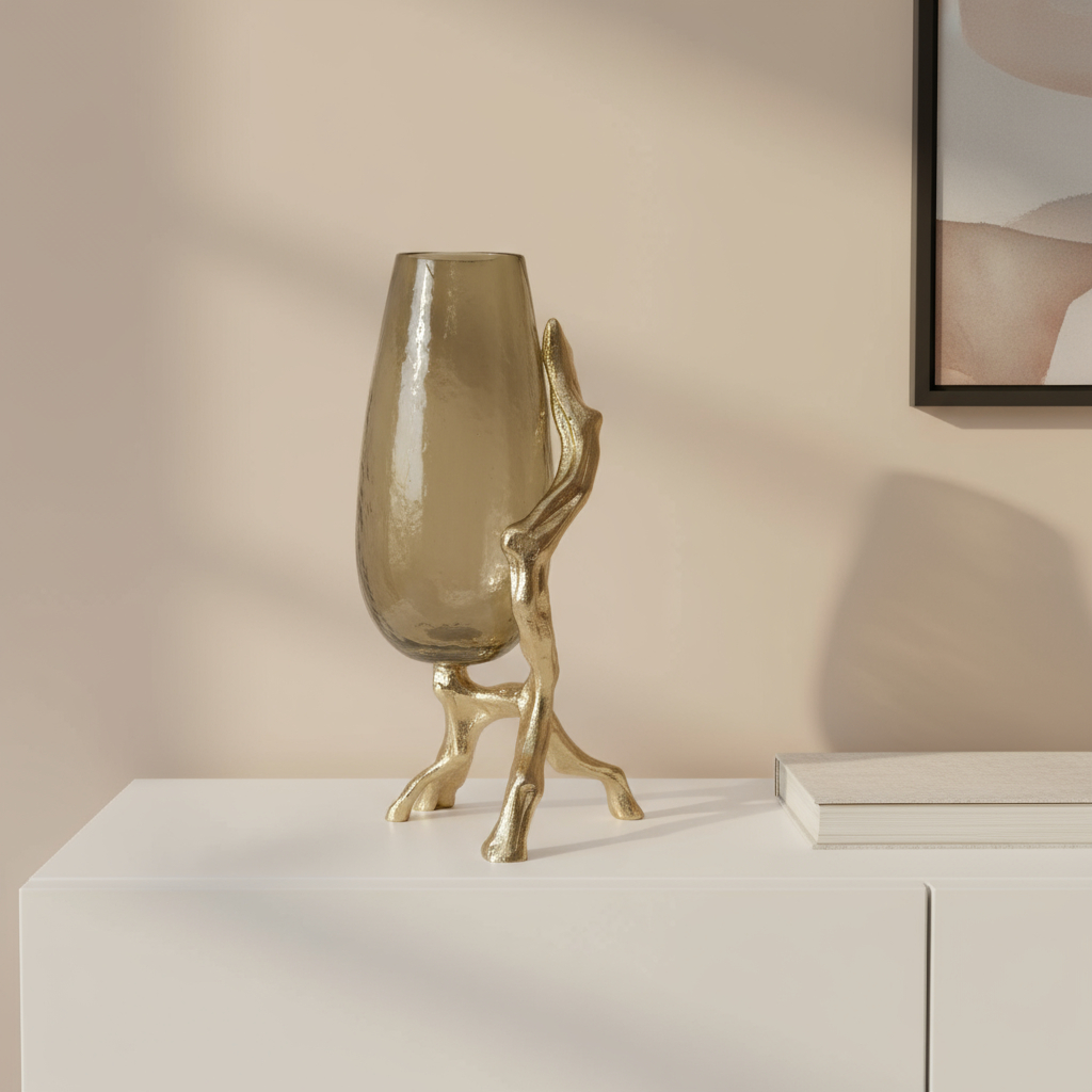 565435 18 in. Champagne Glass & Metal Table Vase