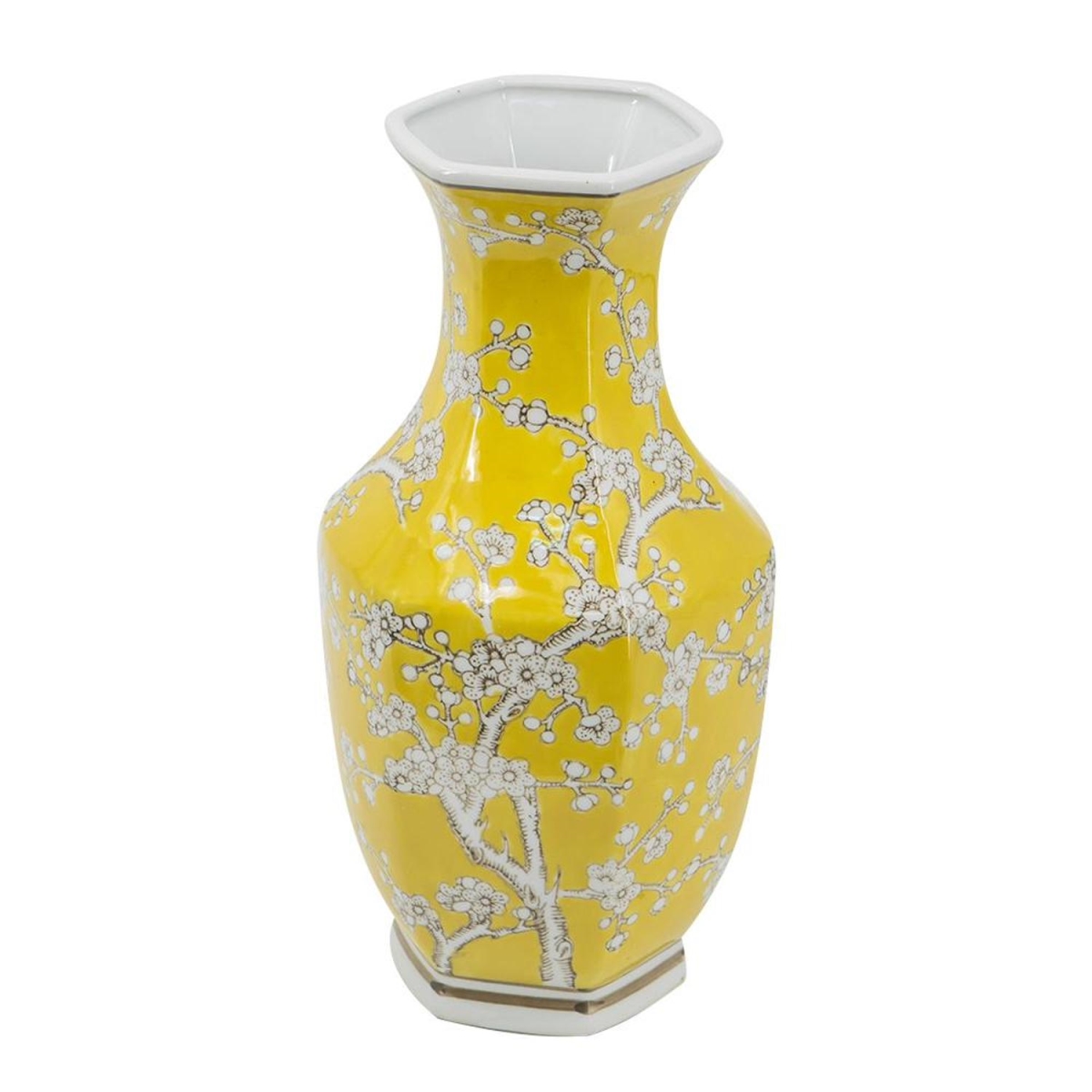 565444 14 in. Yellow & White Porcelain Floral Round Table Vase