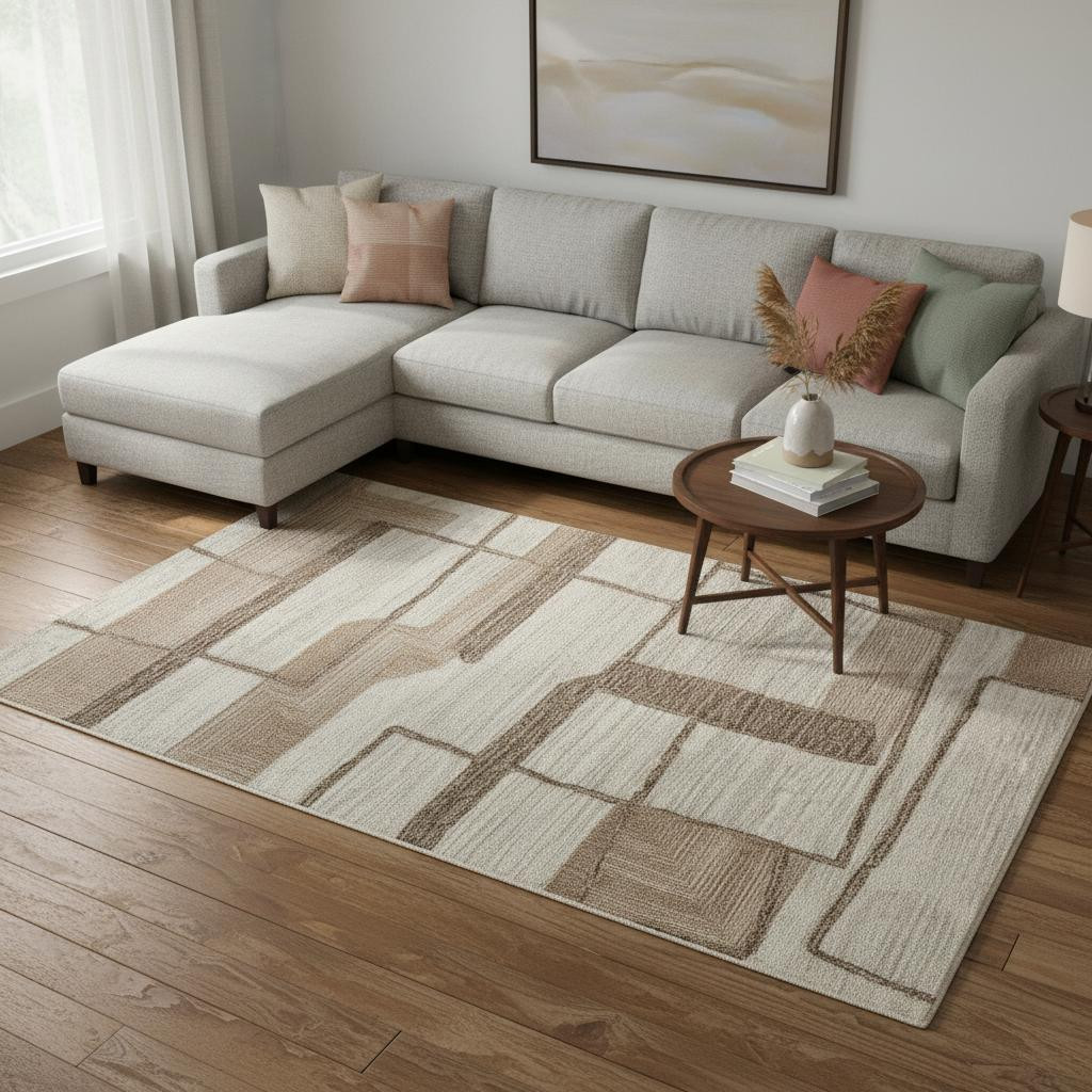 567628 8 x 10 ft. Wool Geometric Hand Tufted Rectangle Area Rug - Brown Tan & Ivory