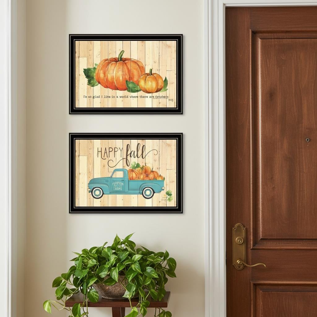 568705 Happy Fall October Pumpkins Black Framed Wall Art - Set of 2