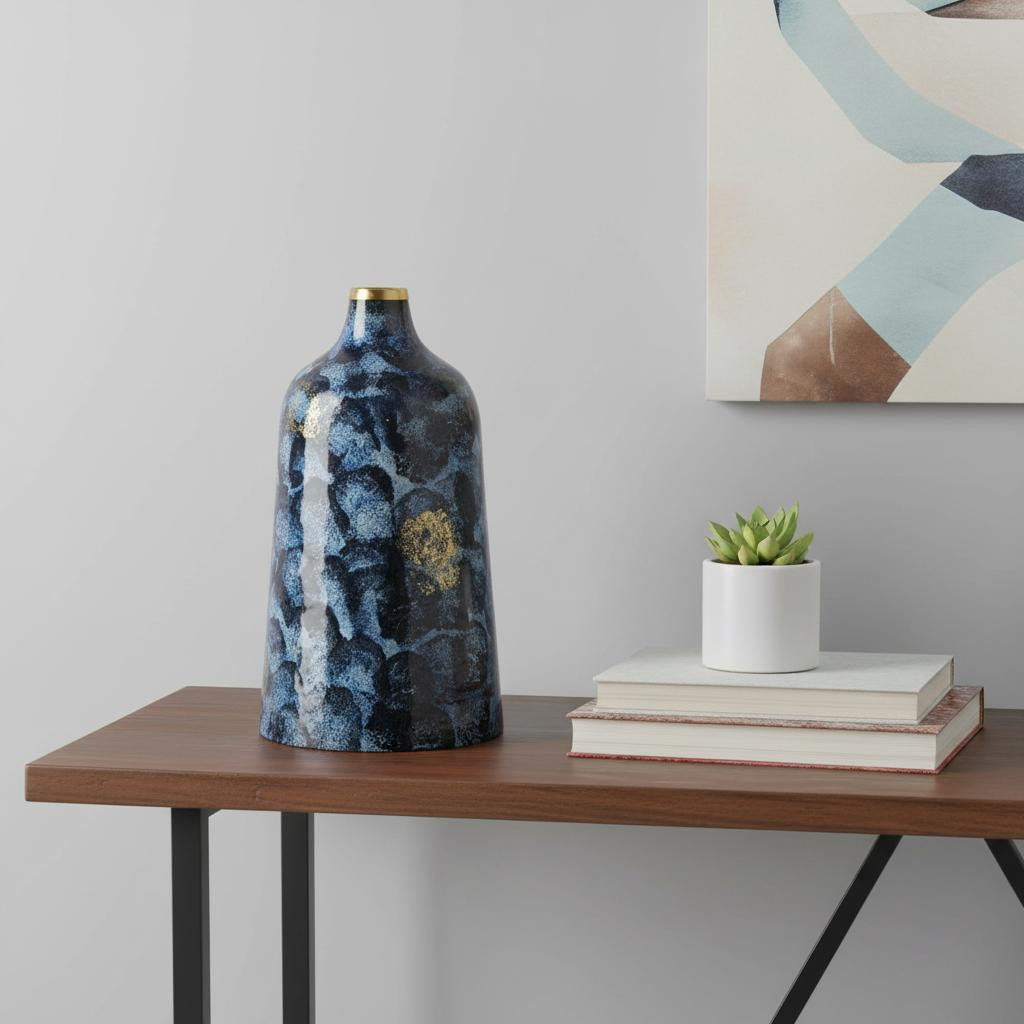 574236 12 in. Blue & Gold Abstract Bud Glass Table Vase