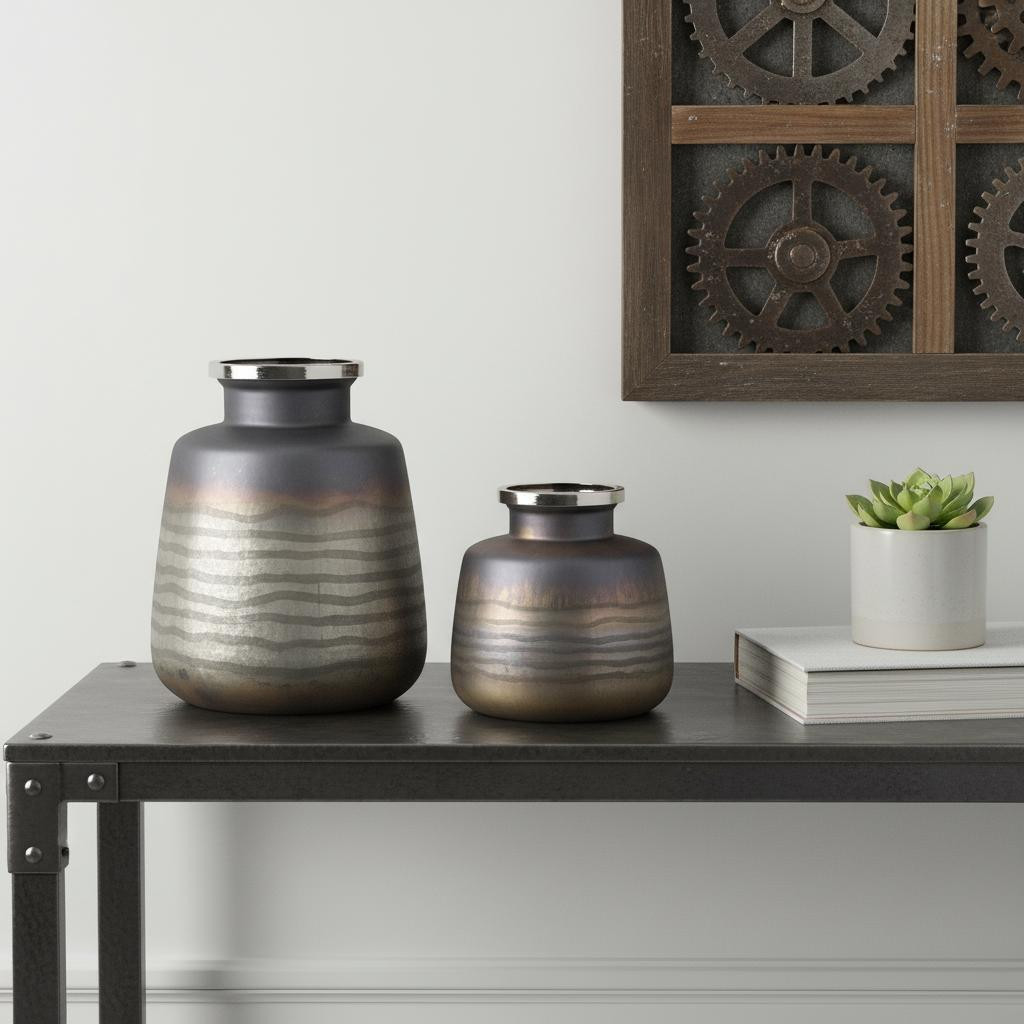 574241 Dark Blue & Gray Round Glass Table Vase - Set of 2
