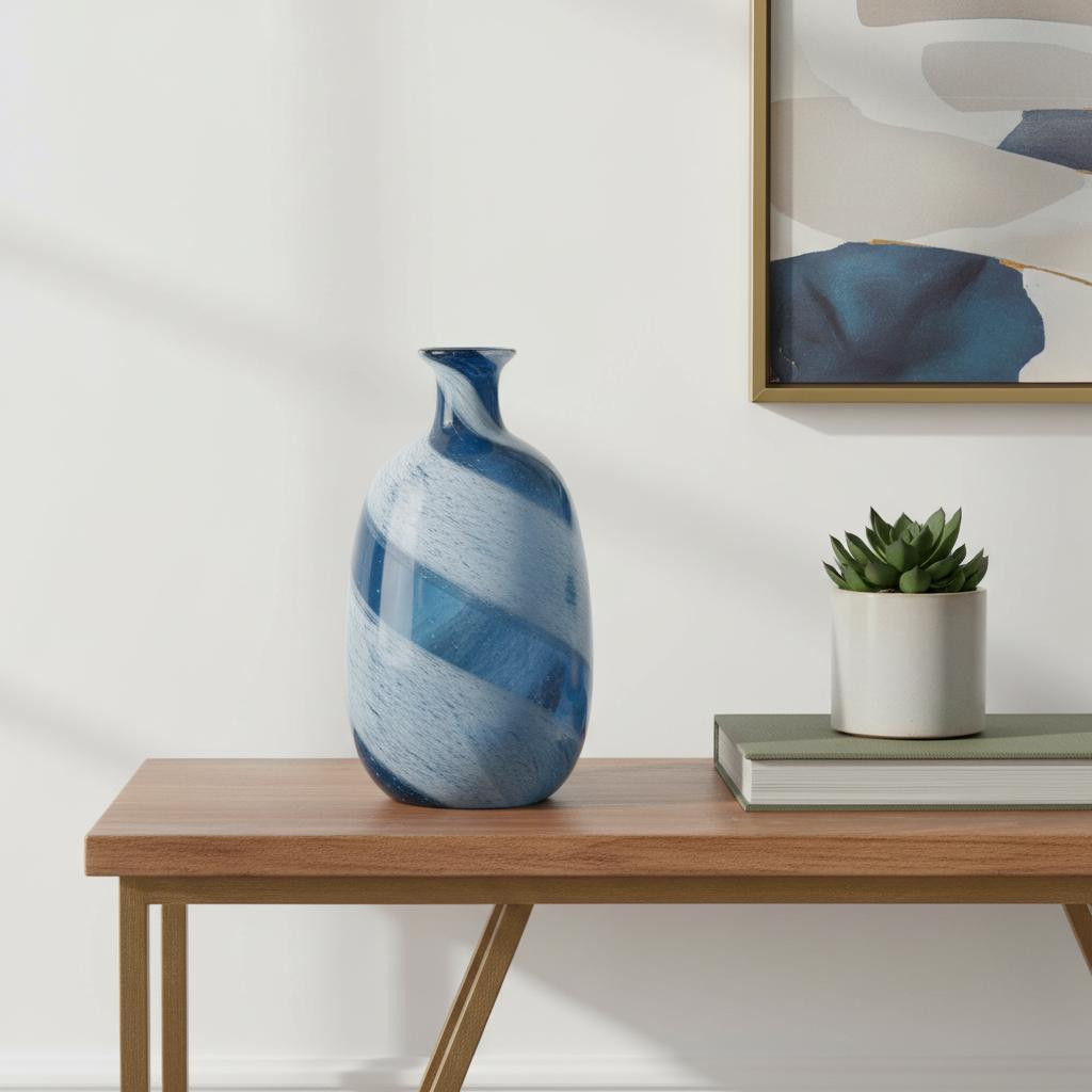 574246 16 in. Blue & White Bud Glass Table Vase
