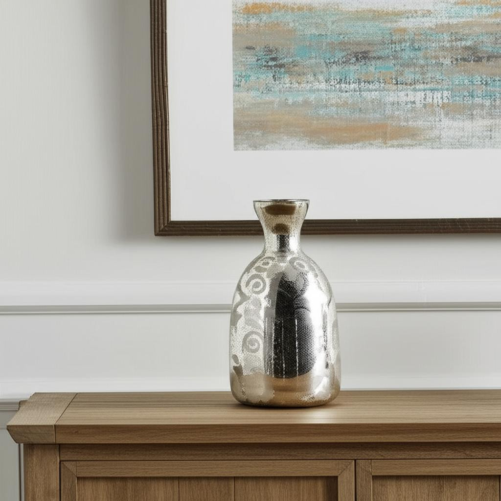574271 18 in. Silver Floral Round Glass Table Vase