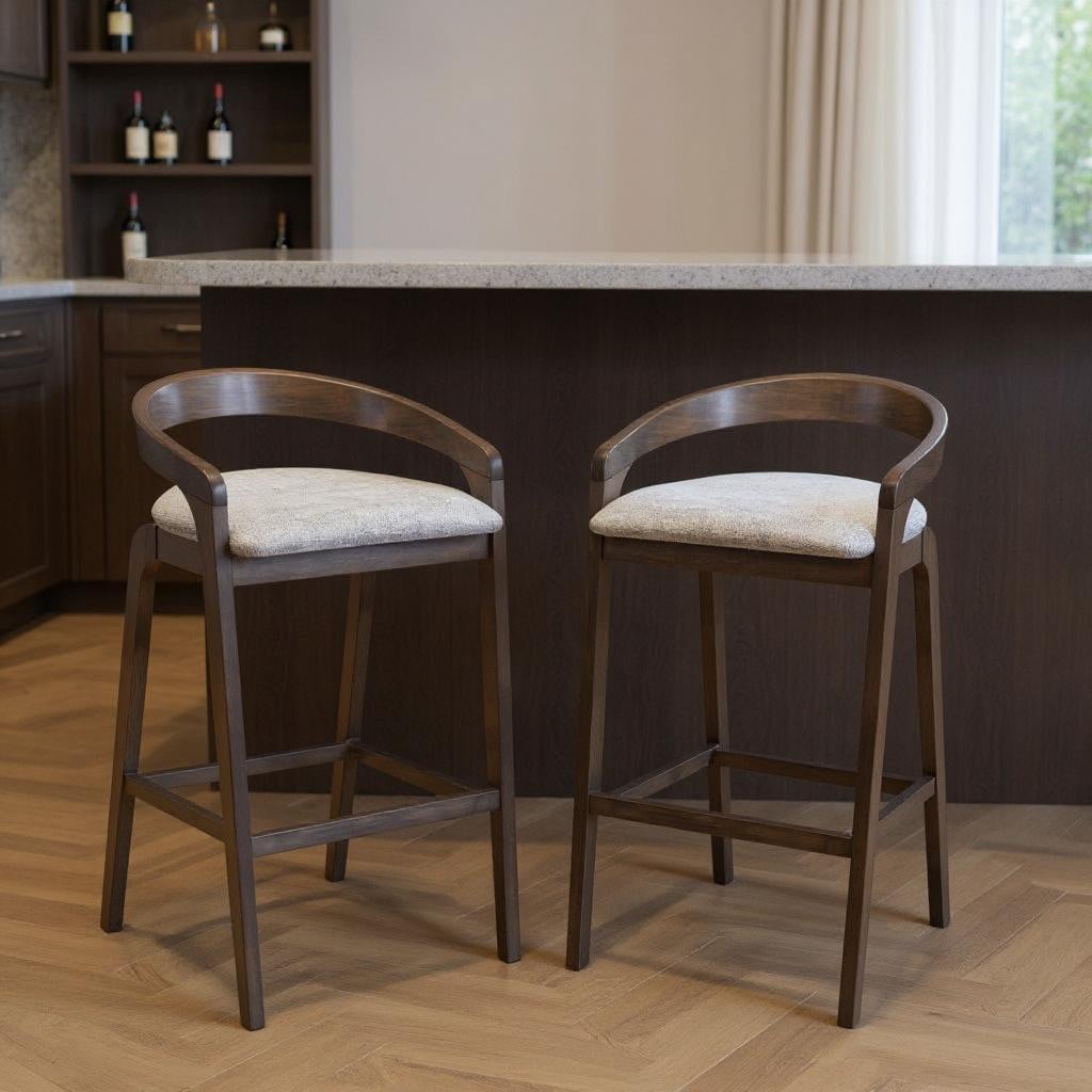 571490 37 x 19.70 x 20.50 in. Gray & Espresso Fabric & Solid Wood Low Back Height Bar Chair - Set of 2