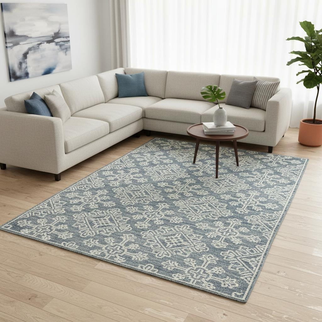 570354 8 x 11 ft. Sky Blue & Ivory Wool Geometric Hand Hooked Rectangle Area Rug