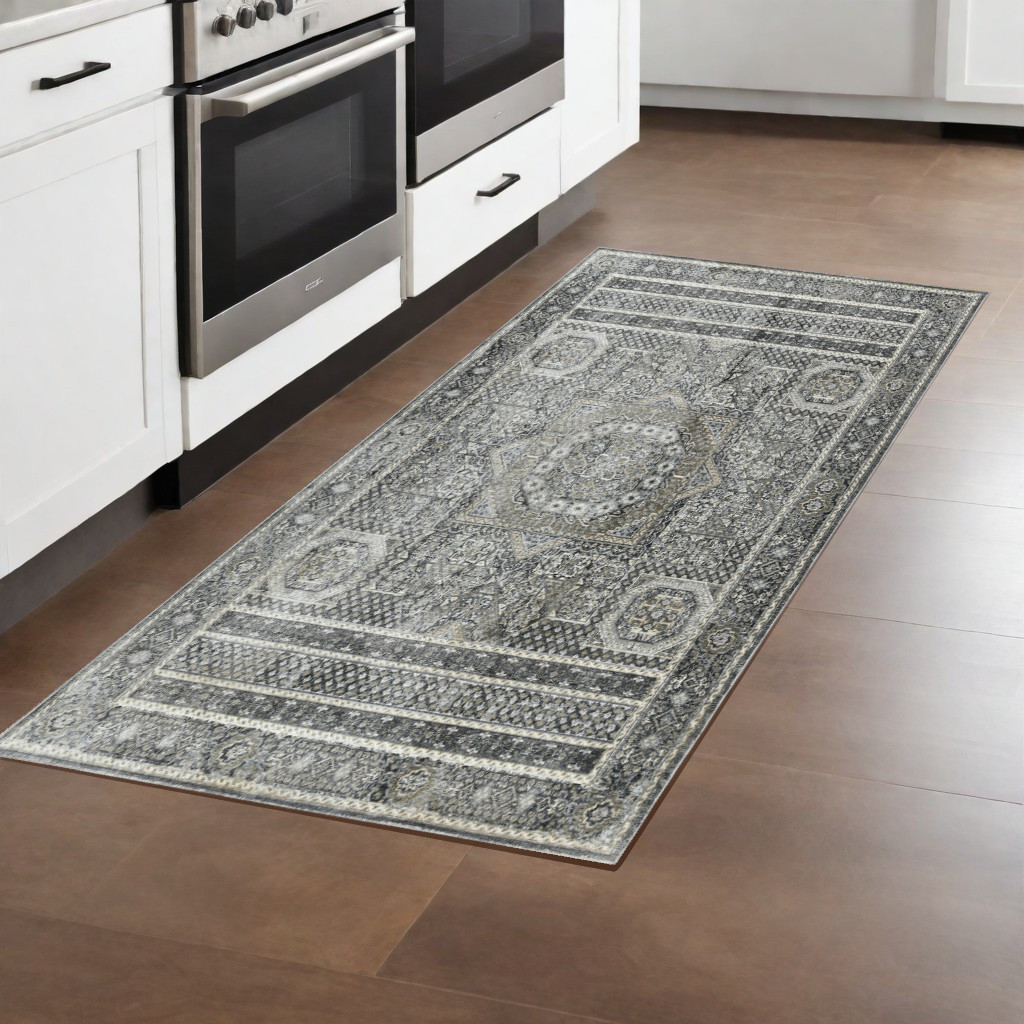 570841 8 ft. Charcoal & Gray Medallion Machine Made Runner Area Rug