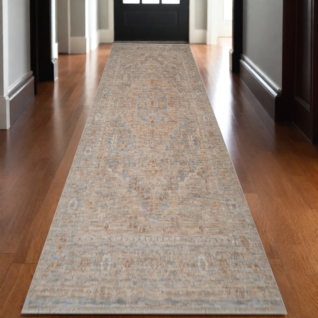 570945 3 x 10 ft. Blue & Sand Floral Medallion Machine Made Runner Area Rug with Fringe