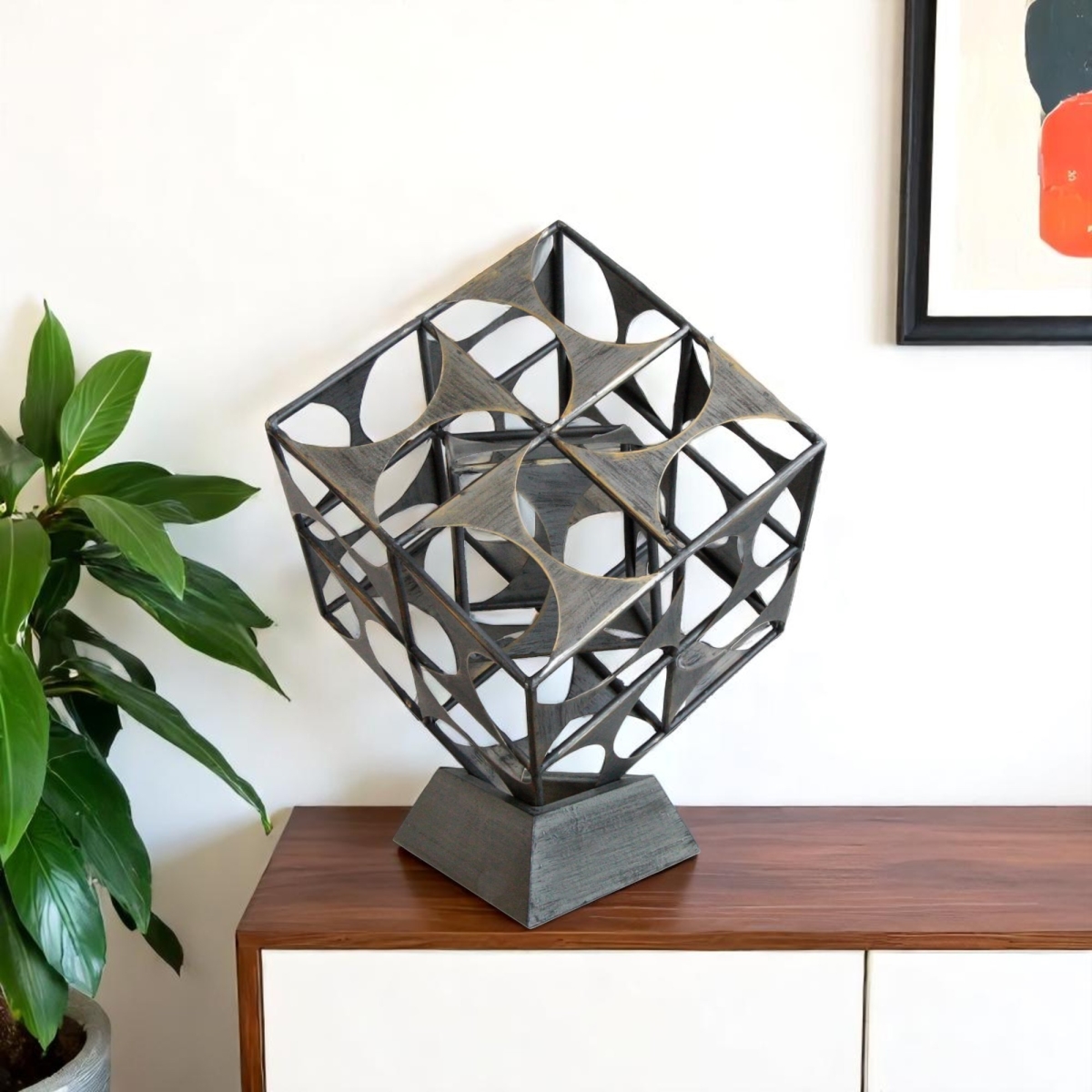574053 20 in. Gray Metal Geo Cube Tabletop Sculpture