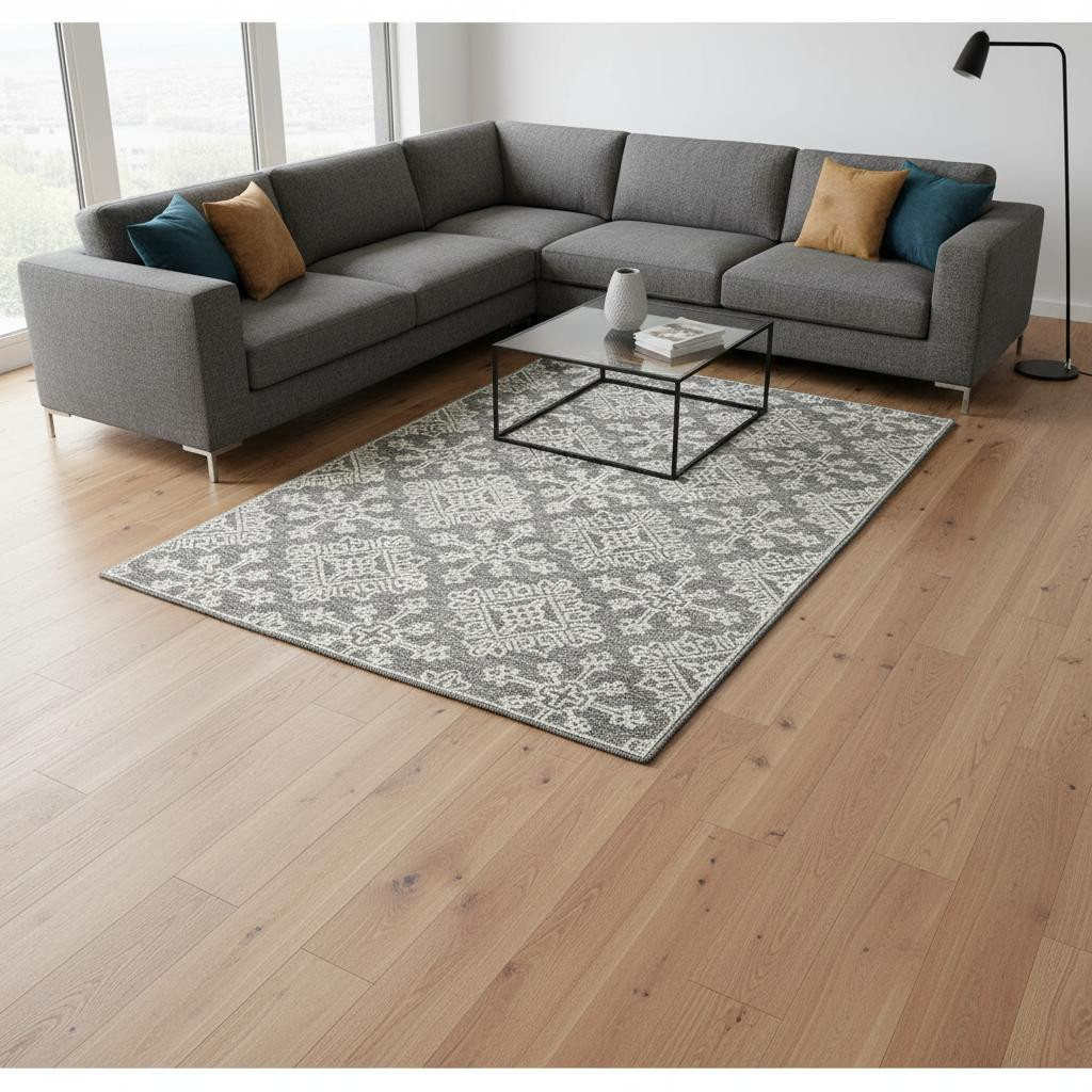 570346 8 x 11 ft. Gray & Ivory Wool Geometric Hand Hooked Rectangle Area Rug