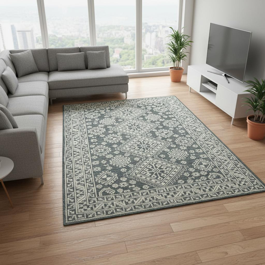 570362 8 x 11 ft. Slate Gray & Ivory Wool Geometric Hand Hooked Rectangle Area Rug