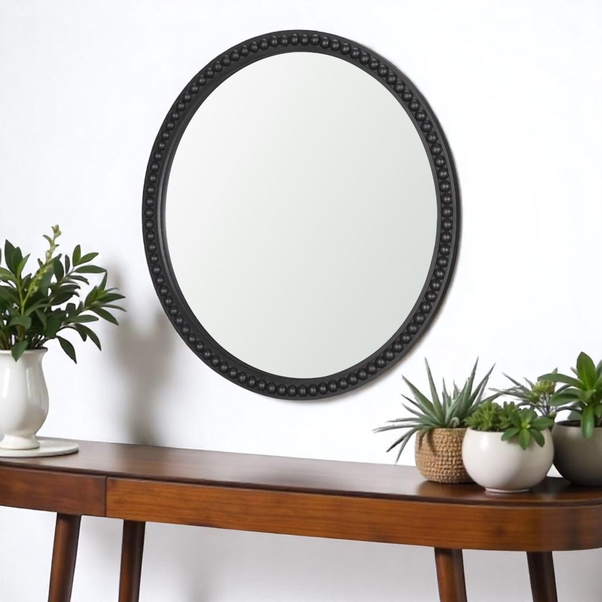 607307 30 in. Black Solid Wood Beaded Round Framed Accent Mirror