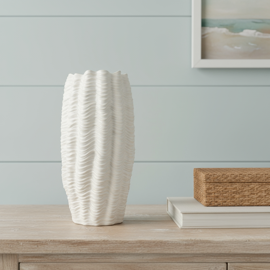 608346 24 in. Cream Cylinder Ceramic Sculptural Waves Table Vase