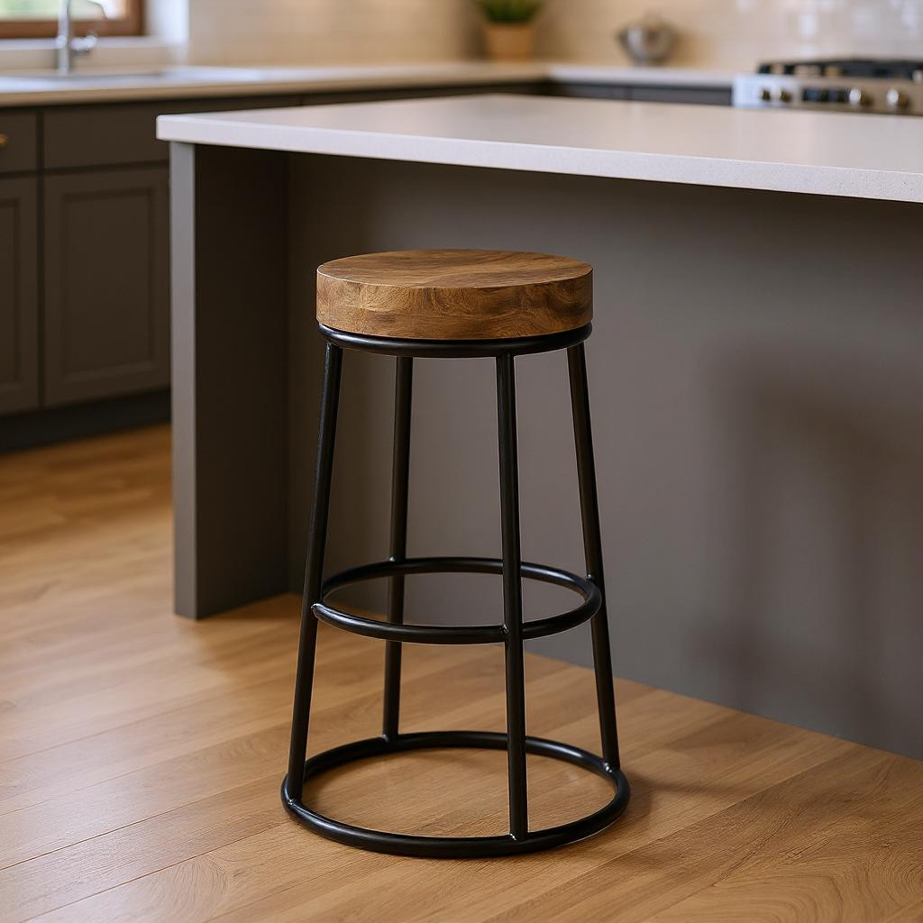 605910 26.5 x 16 x 16 in. Natural & Black Solid Wood & Iron Backless Counter Height Bar Chair
