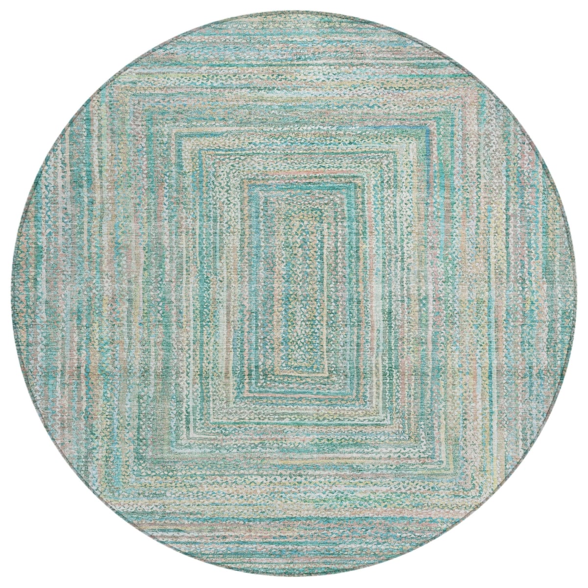 618981 8 ft. Teal, Blue & Beige - Ivory Geometric Washable Transitional Indoor & Outdoor Round Area Rug