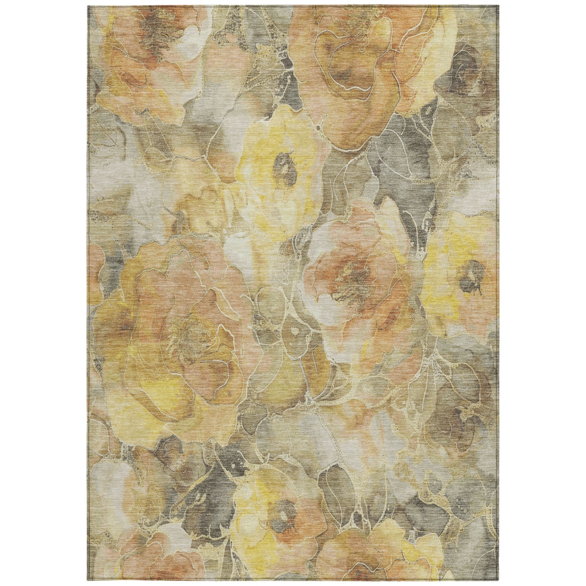 623088 9 x 12 ft. Gold & Gray Floral Washable Transitional Indoor & Outdoor Rectangle Area Rug