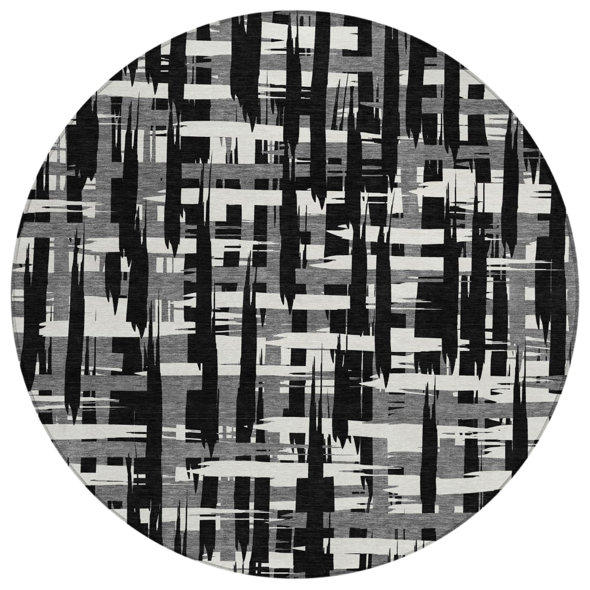 622679 8 ft. Black Gray & Ivory Striped Washable Transitional Indoor & Outdoor Round Area Rug