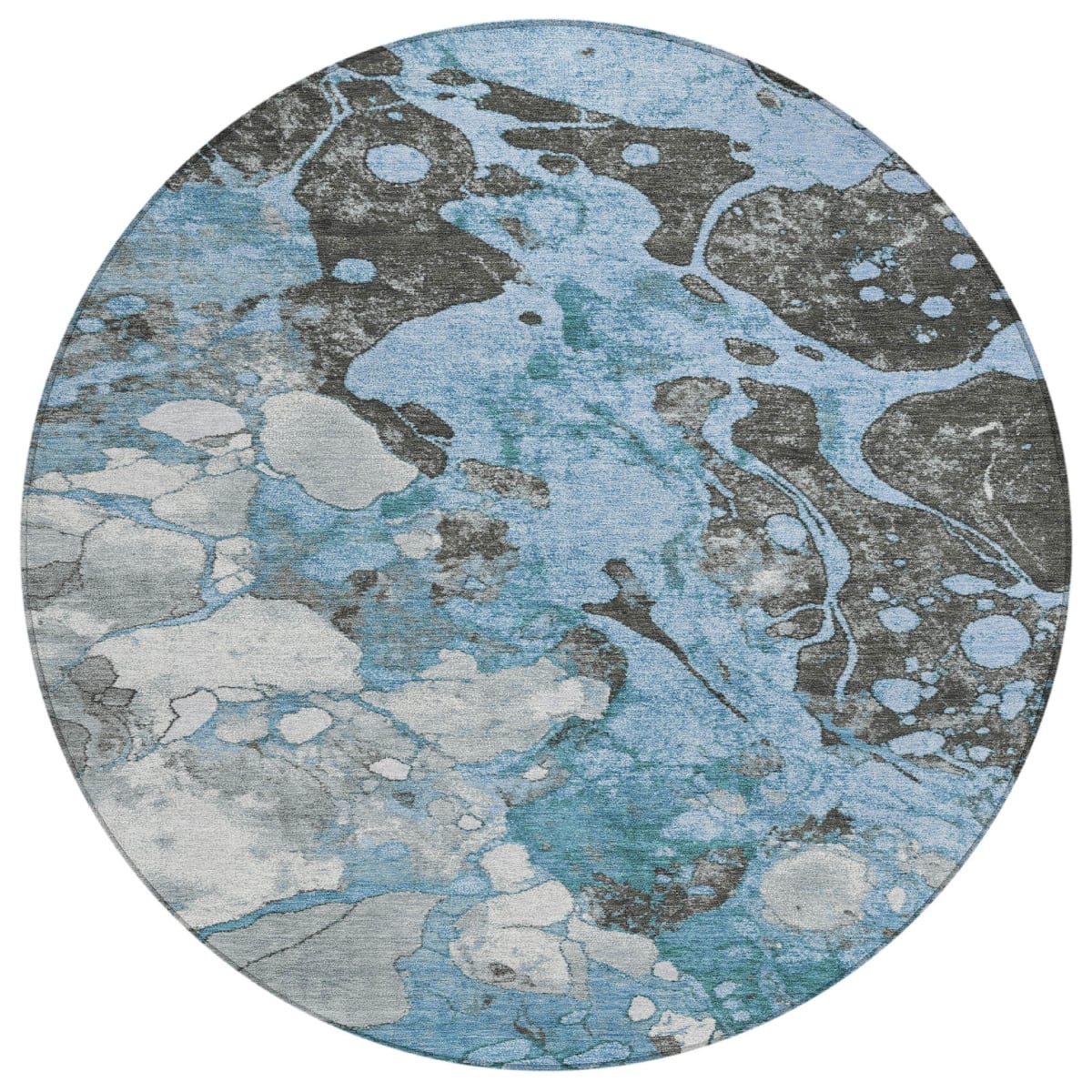 625471 8 ft. Blue & Charcoal Abstract Washable Transitional Indoor & Outdoor Round Area Rug