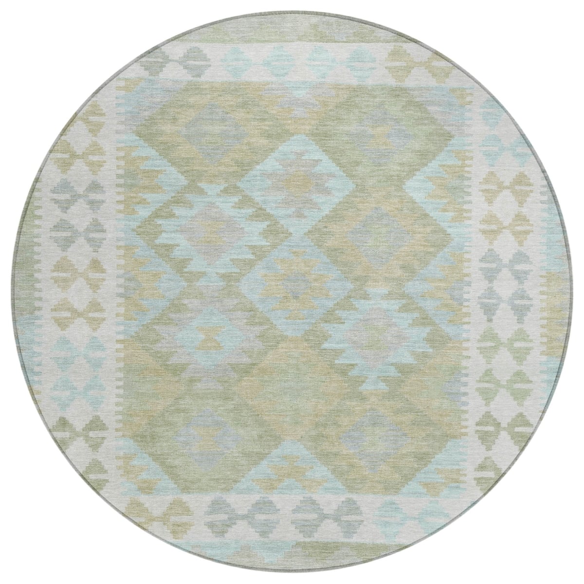 625758 8 ft. Sage Sky Blue & Copper Tribal Washable Transitional Indoor & Outdoor Round Area Rug