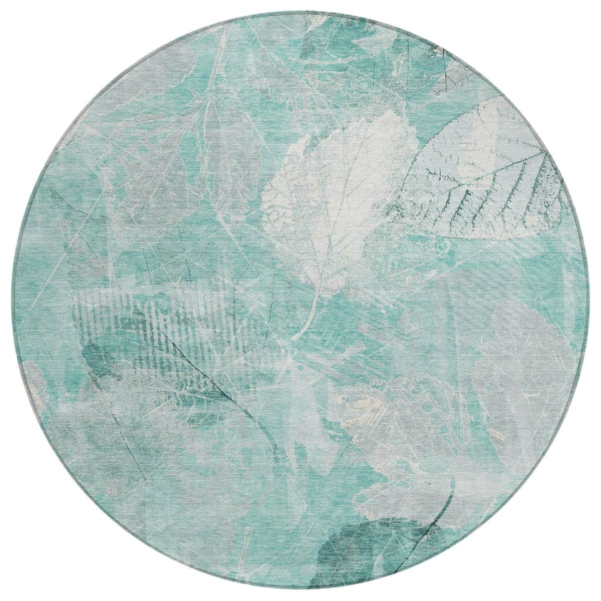 622775 8 ft. Teal, Blue & Ivory Floral Washable Transitional Indoor & Outdoor Round Area Rug