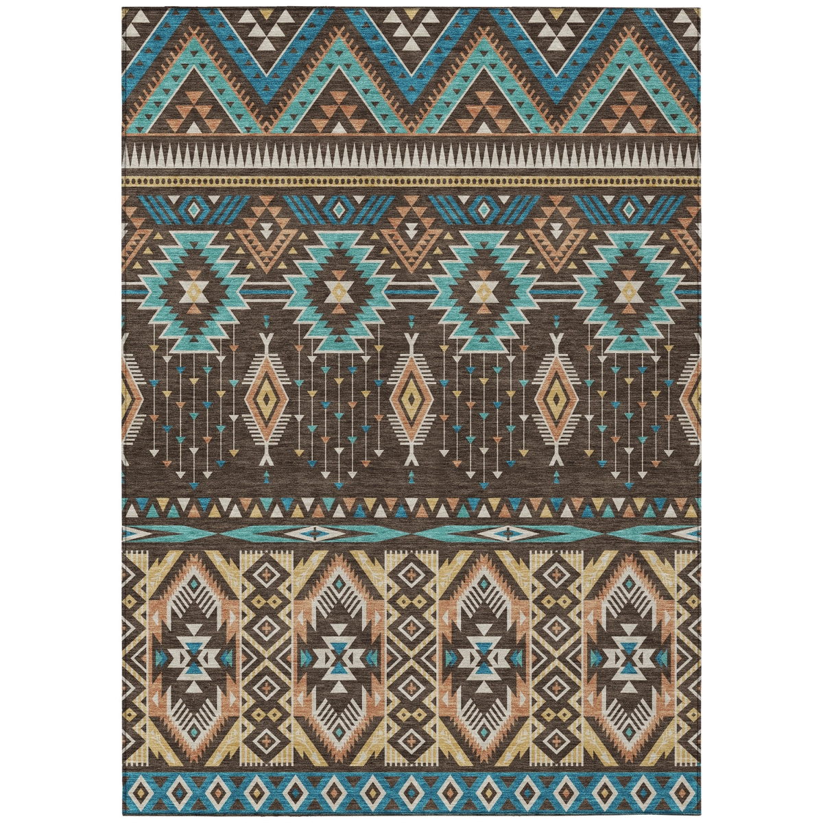 622783 9 x 12 ft. Brown Teal, Blue & Coral Aztec Washable Transitional Indoor & Outdoor Rectangle Area Rug