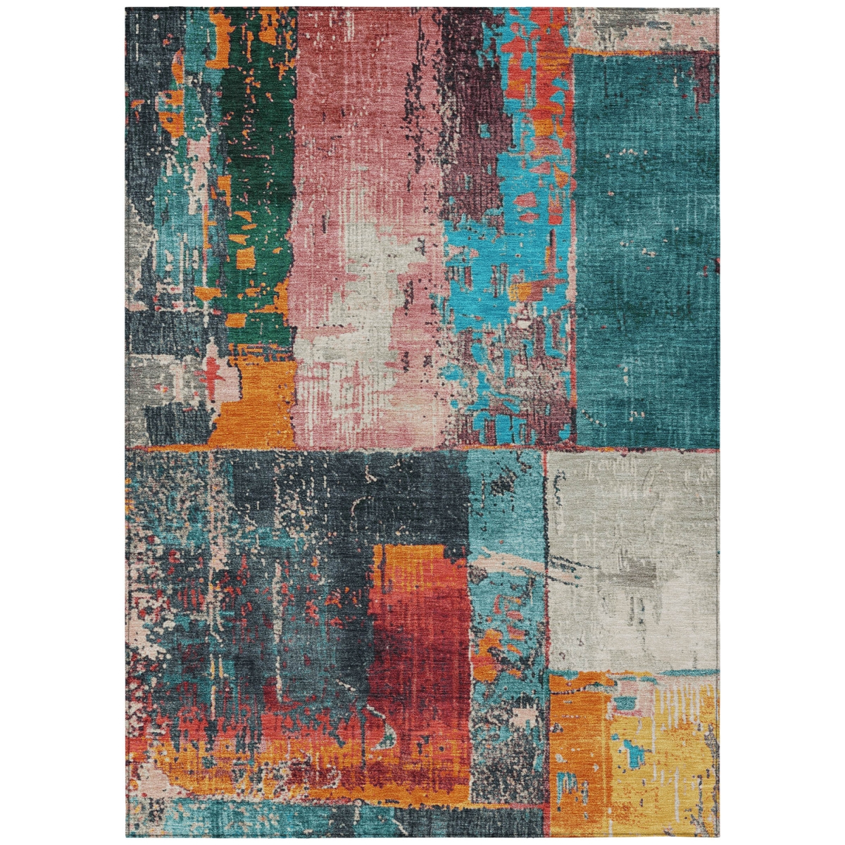 623268 9 x 12 ft. Teal, Blue & Orange Abstract Washable Transitional Indoor & Outdoor Rectangle Area Rug
