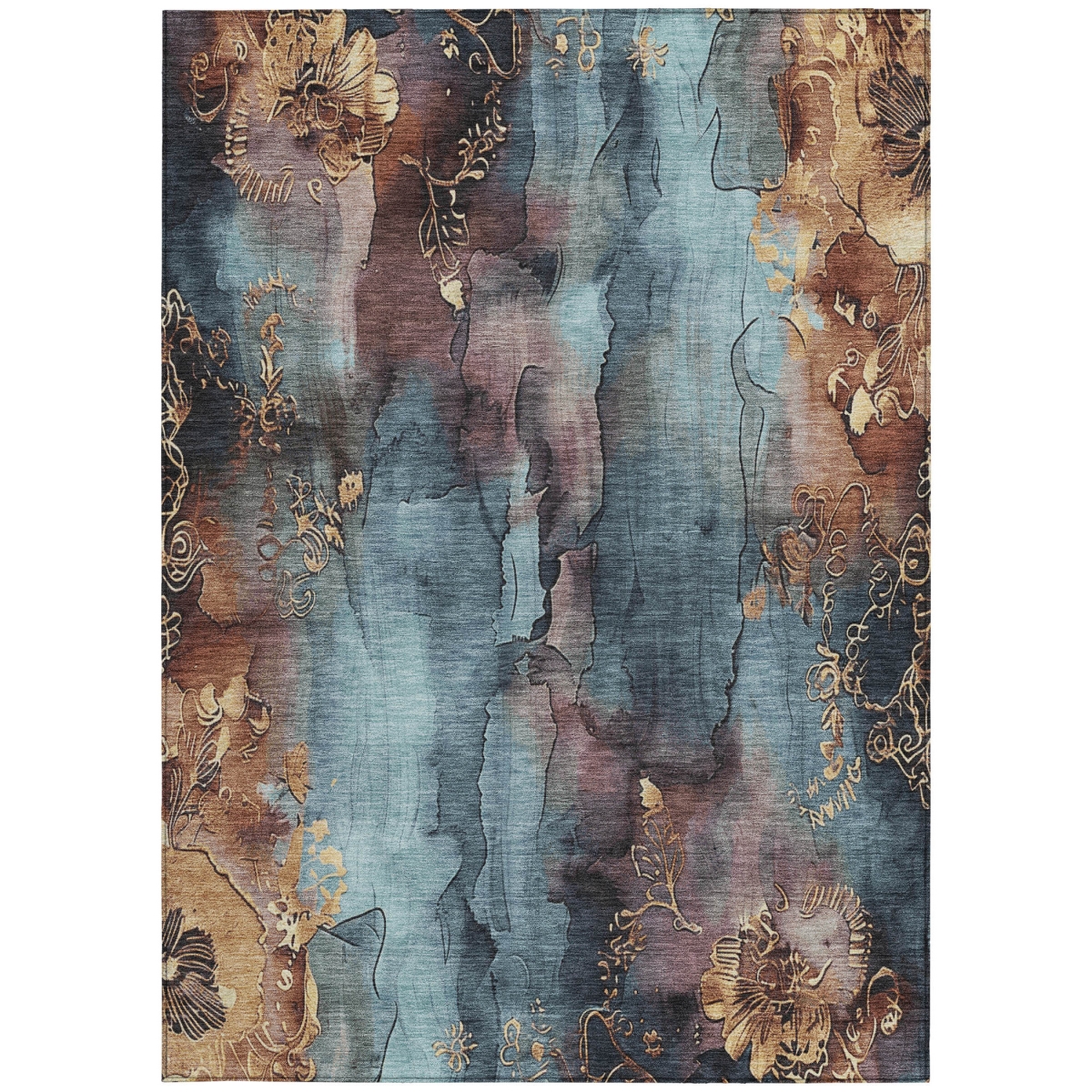 623377 3 x 5 ft. Blue & Gold Floral Washable Transitional Indoor & Outdoor Rectangle Area Rug
