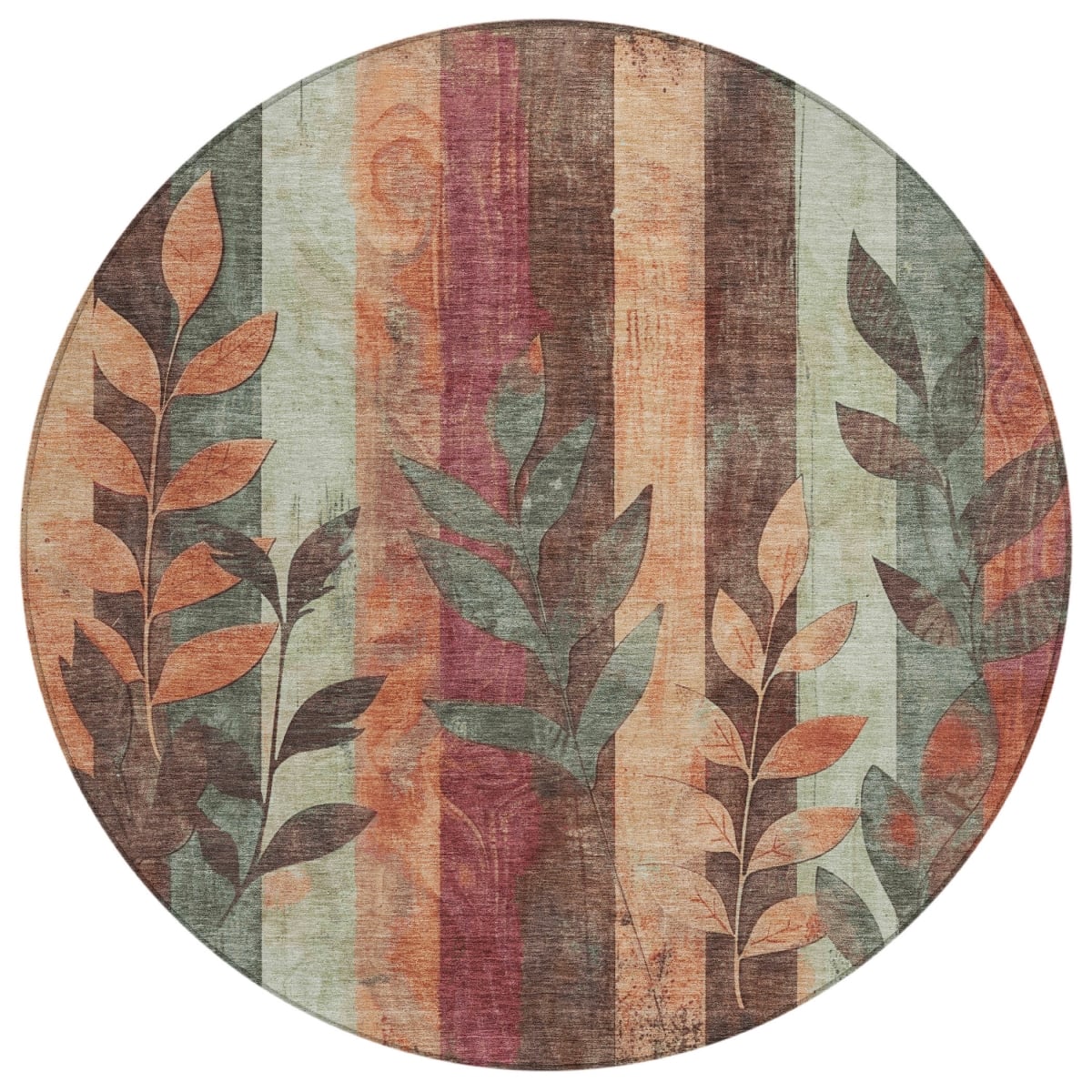623463 8 ft. Terra Cotta & Sage Floral Washable Transitional Indoor & Outdoor Round Area Rug