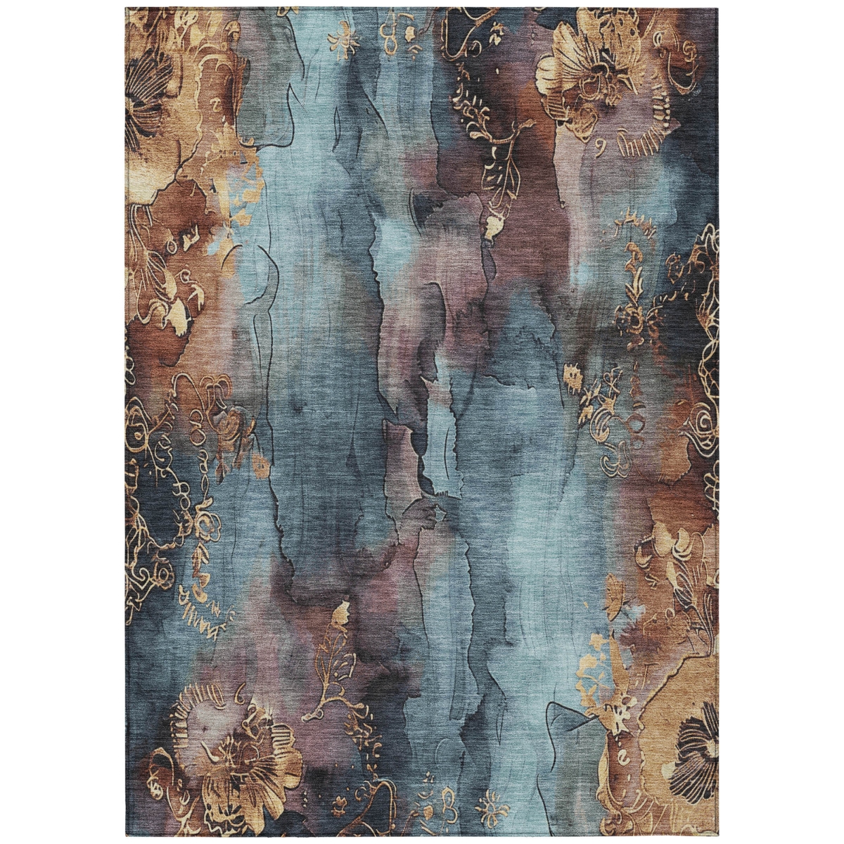 623381 9 x 12 ft. Blue & Gold Floral Washable Transitional Indoor & Outdoor Rectangle Area Rug