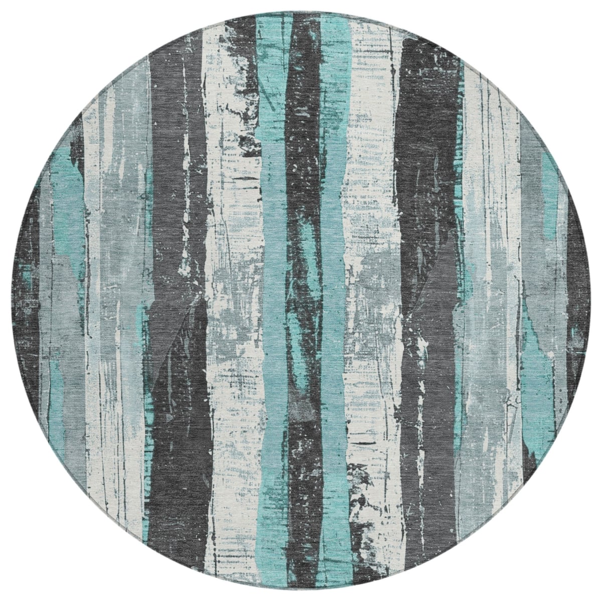 623499 8 ft. Teal, Blue & Gray Striped Washable Transitional Indoor & Outdoor Round Area Rug
