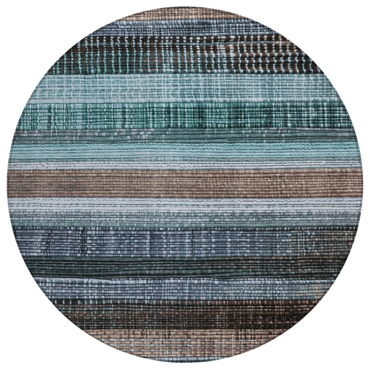 623529 8 ft. Teal, Blue & Brown Striped Washable Transitional Indoor & Outdoor Round Area Rug